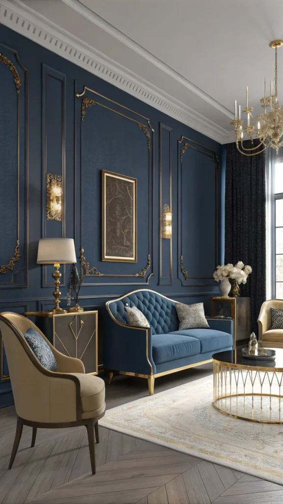 A living room featuring navy blue walls, gold accents, and elegant furniture.