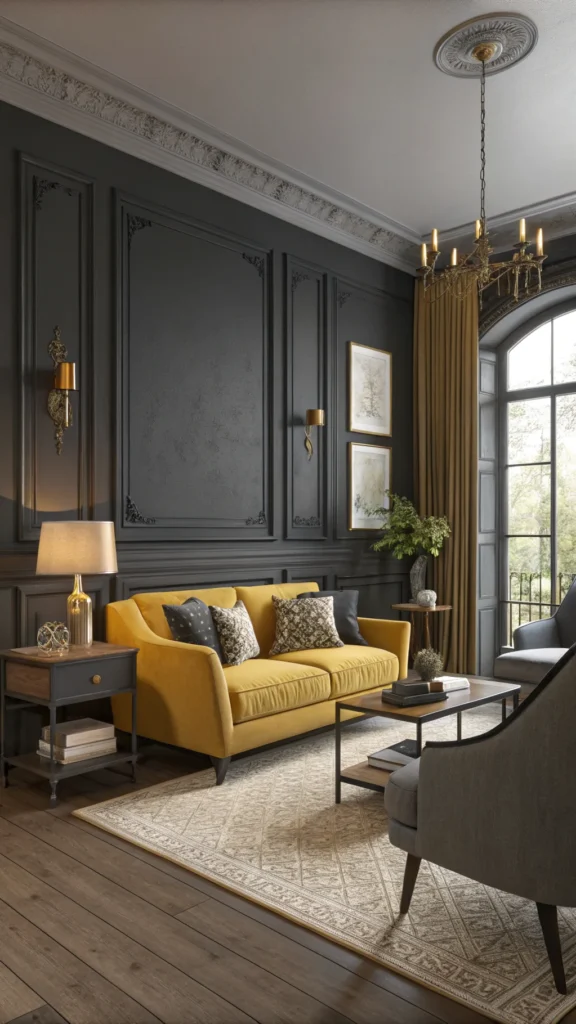 Living room featuring charcoal walls and mustard accents with a sofa and chairs.