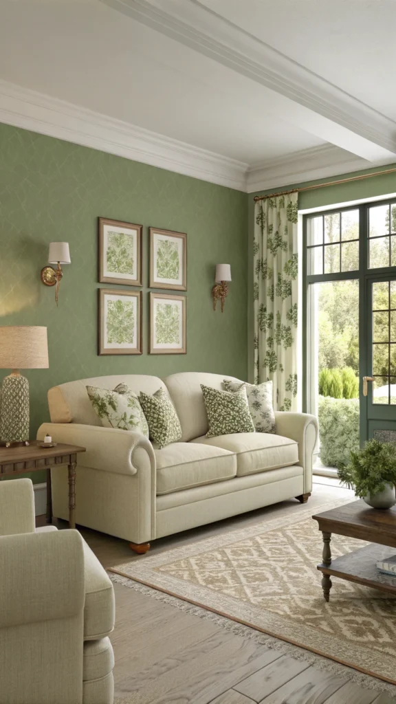 Living room featuring olive green walls and ivory furniture, creating a serene atmosphere.