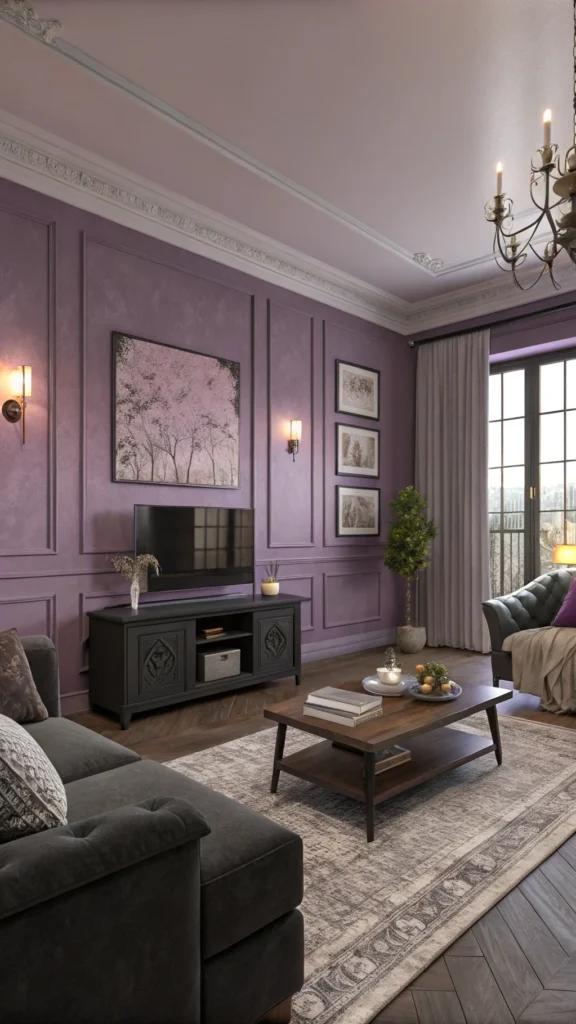 A cozy living room featuring lavender walls and charcoal furniture