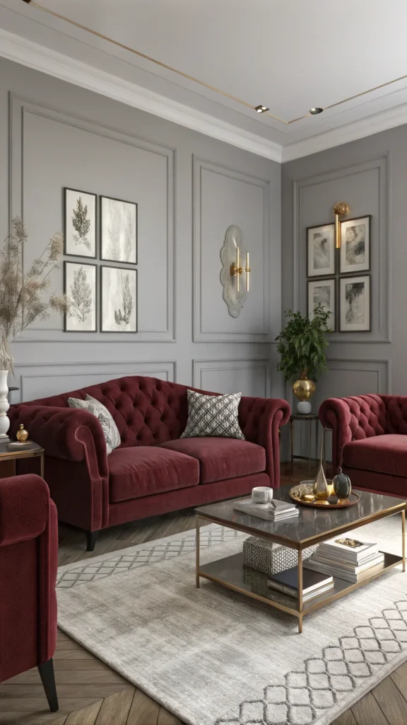 A living room featuring burgundy sofas and soft grey walls, with a stylish coffee table and decorative elements.