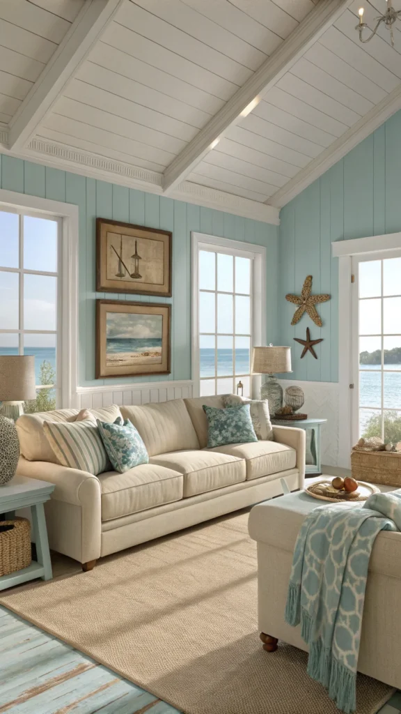 Living room with sky blue walls and sandy beige accents, featuring cozy sofas and coastal decor.