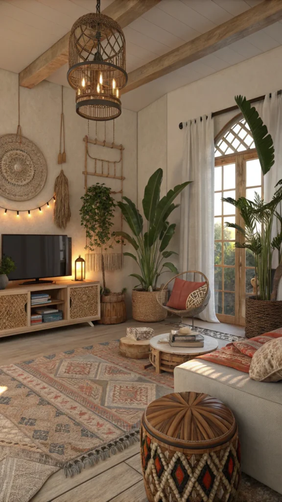 A boho living room filled with various 2 plant, showcasing a cozy and inviting atmosphere.