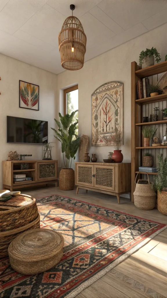 A cozy boho living room featuring artisan decor, woven baskets, and a rich rug.