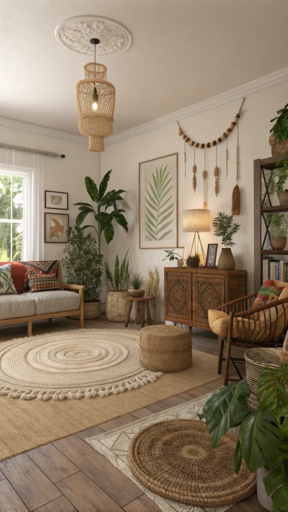 Cozy boho living room featuring a natural fiber rug, plants, and warm decor.