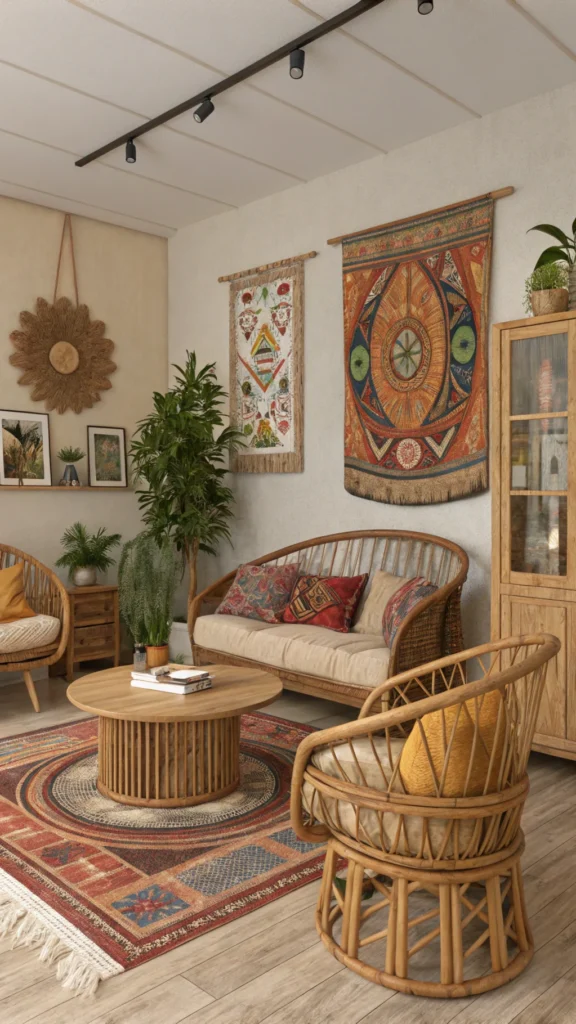 A bohemian living room featuring wooden furniture with organic shapes, warm colors, and a plant.