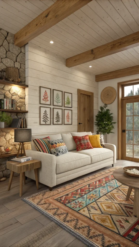 A cozy living room with a neutral sofa, colorful accent cushions, and earthy decor.