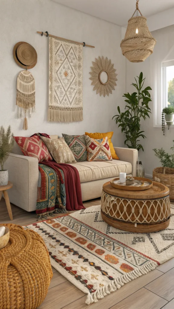 A cozy boho living room featuring layered textiles, including colorful pillows and throws on a sofa, a woven coffee table, and a decorative rug.