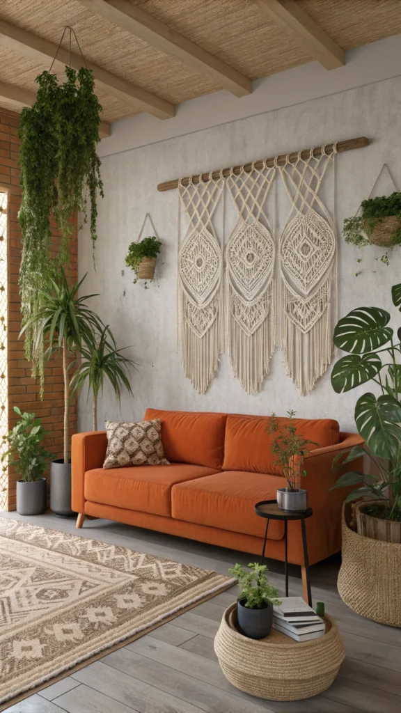 A cozy living room featuring macrame wall hangings, an orange sofa, and various plants.