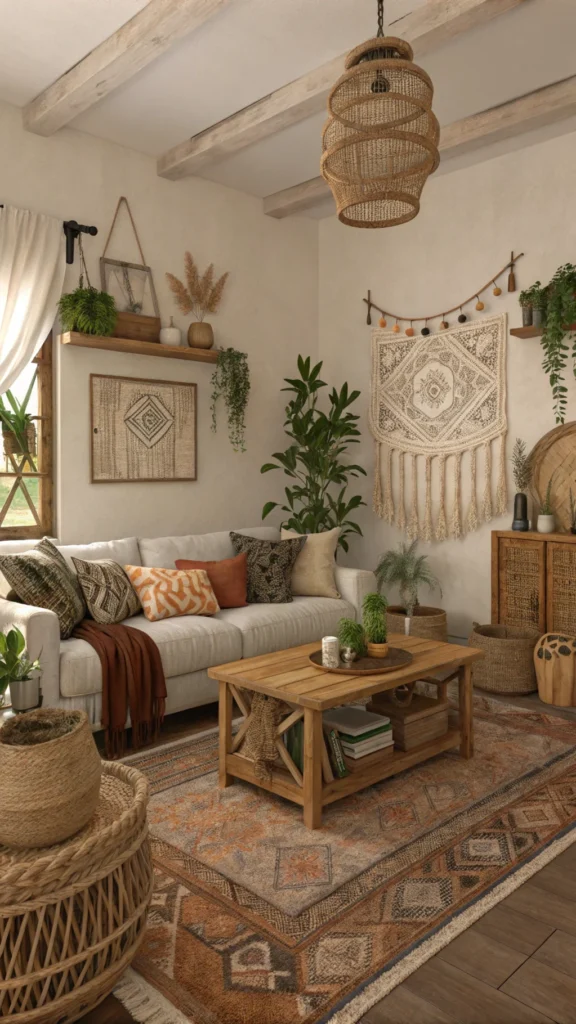 Cozy boho living room with vintage and upcycled decor