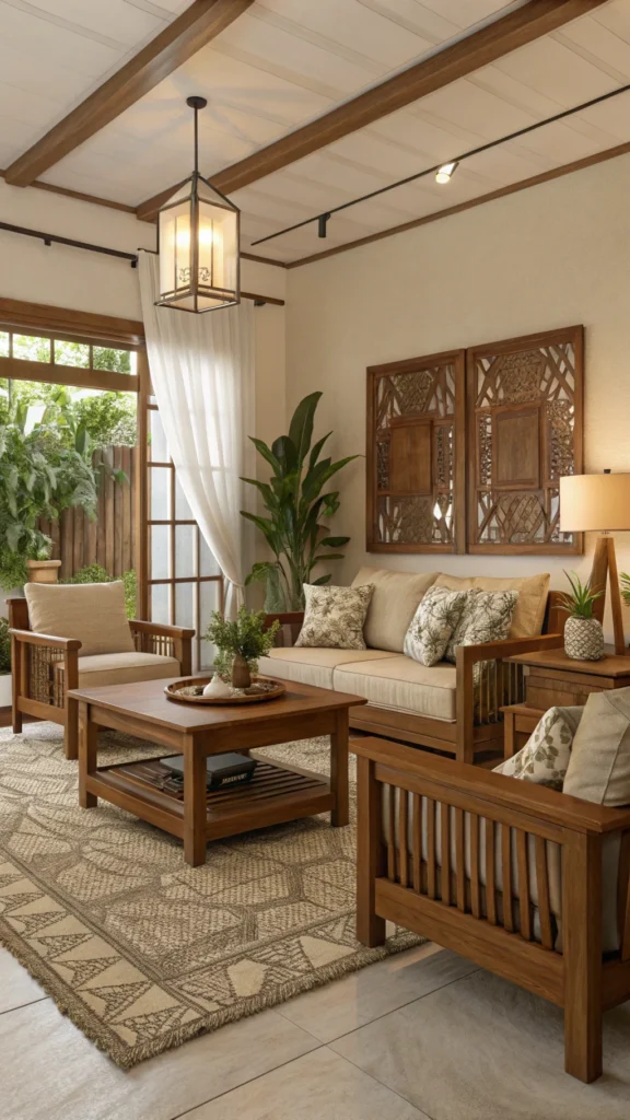 Cozy living room with soft lighting and natural elements, featuring wooden furniture and warm colors.