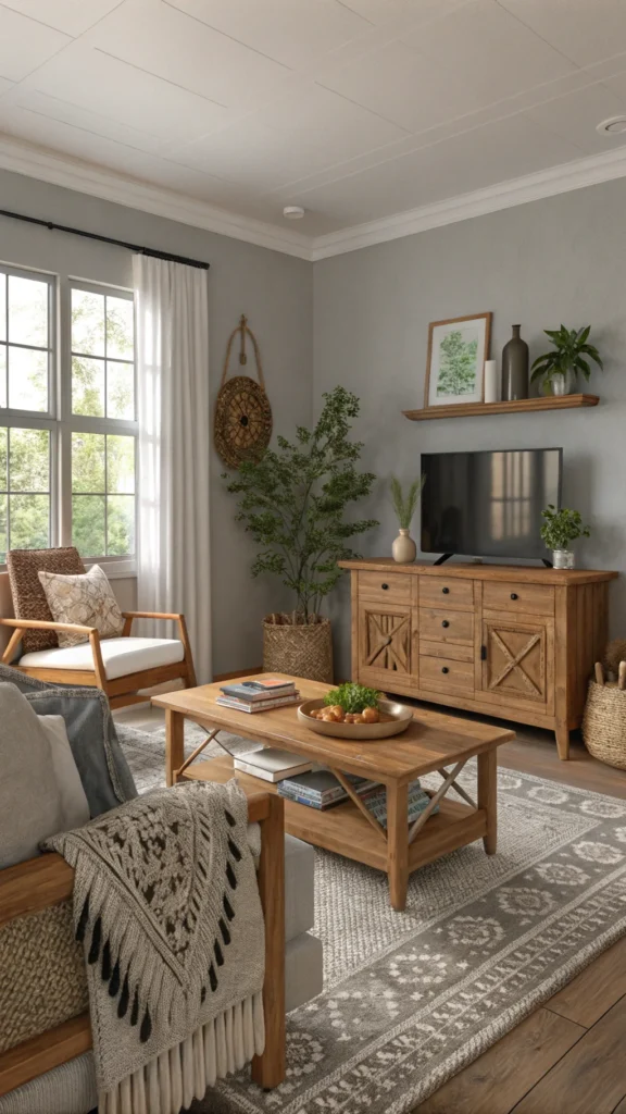 A cozy living room featuring soft gray walls, wooden furniture, and natural decor elements.