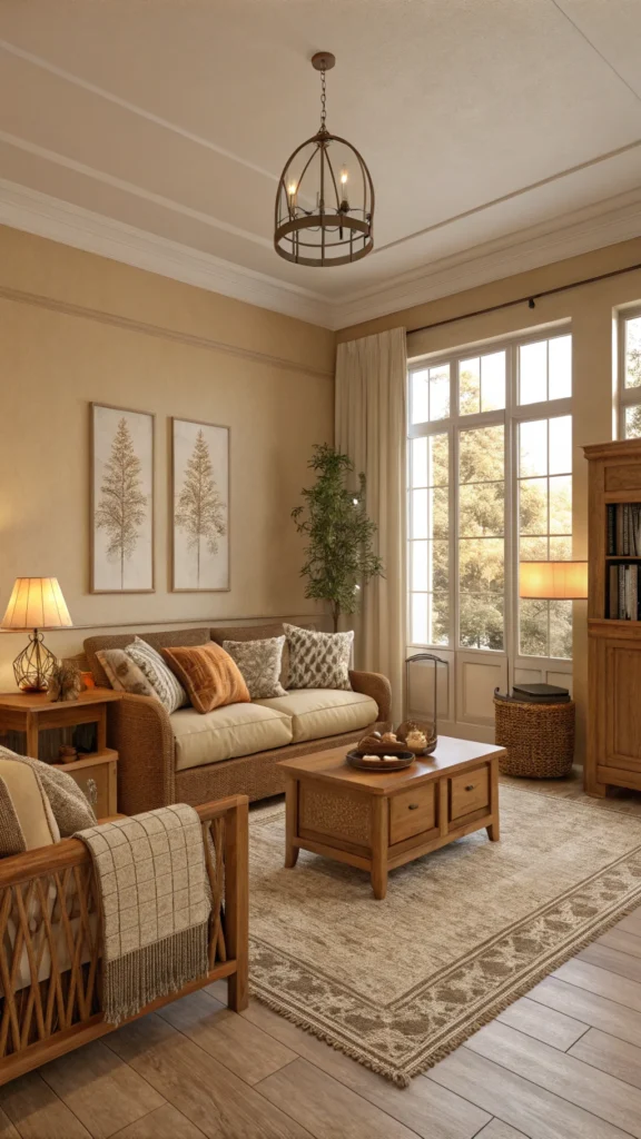 Cozy living room with warm neutral colors and earthy accents