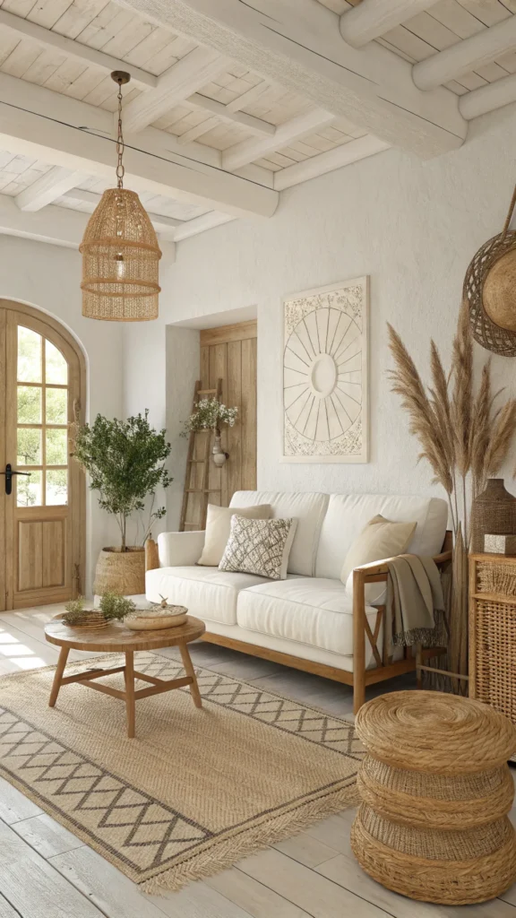 A cozy living room featuring creamy whites and natural textures, with a white sofa, wooden furniture, and woven elements.