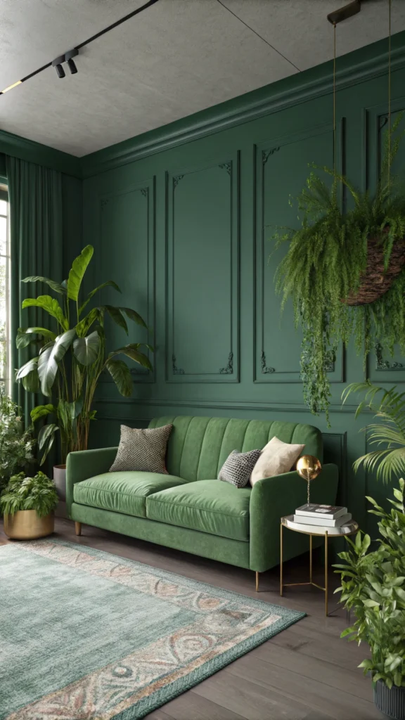 A cozy living room with deep green walls, a green sofa, and lush plants.