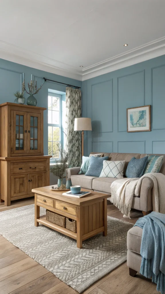 A cozy living room with muted blue walls, wooden furniture, and soft textiles.