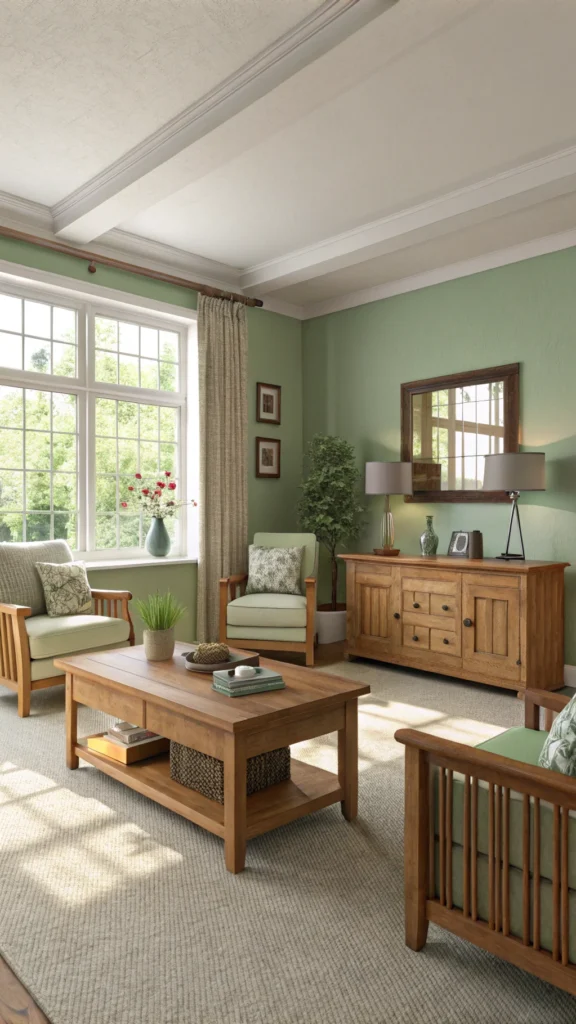 A cozy living room featuring soft sage green walls and warm wooden furniture.