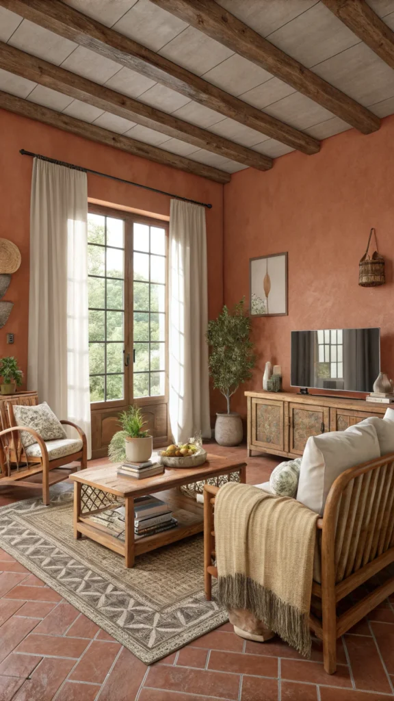 Cozy living room with rustic terracotta tones and natural materials