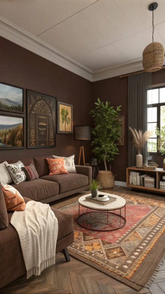 A cozy living room featuring rich chocolate brown walls with comfortable seating and decorative elements.