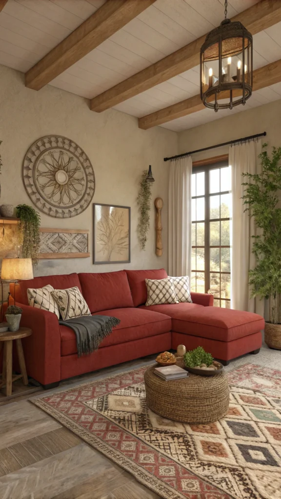 A cozy living room featuring a red sectional sofa, earthy tones, and decorative elements.