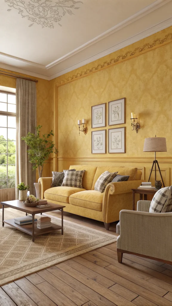 Cozy living room with golden yellow walls and furniture.