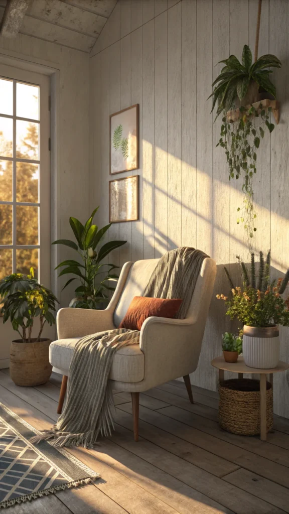 A cozy living room nook featuring a comfortable chair, potted plants, and warm sunlight.