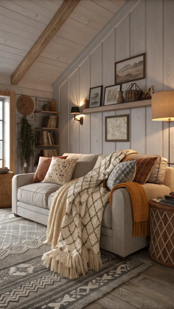 Cozy living room with layered textiles including cushions and throws on a sofa.