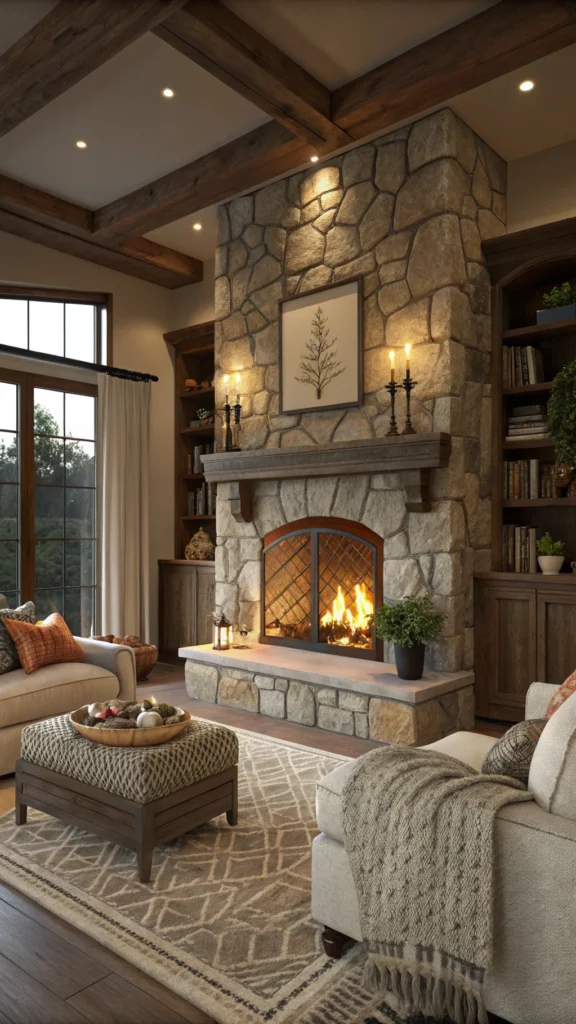 Cozy living room featuring a stone fireplace with a warm fire, surrounded by comfortable seating and decorative elements.