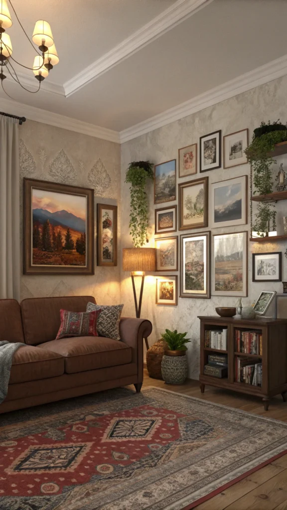 Cozy living room with personalized artwork, including photos and paintings, creating a warm atmosphere.