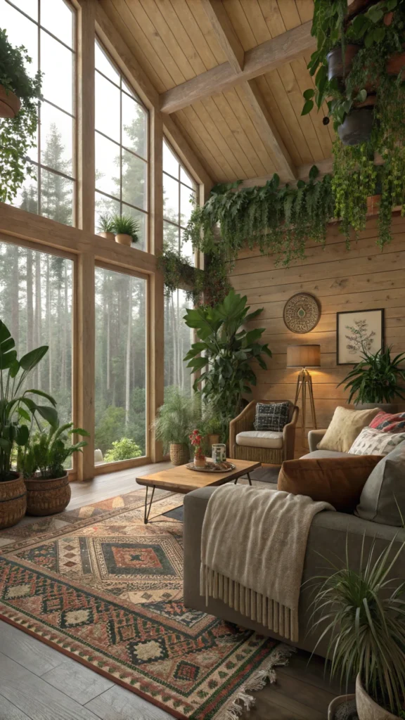 Cozy living room with plants and natural elements