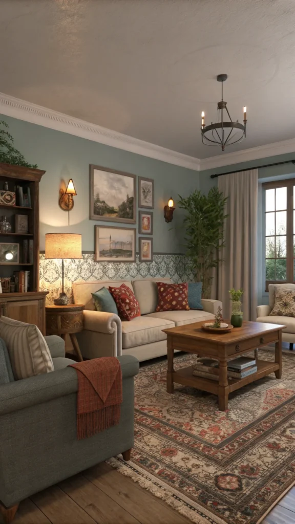 Cozy living room with stylish furniture arrangement and warm decor.