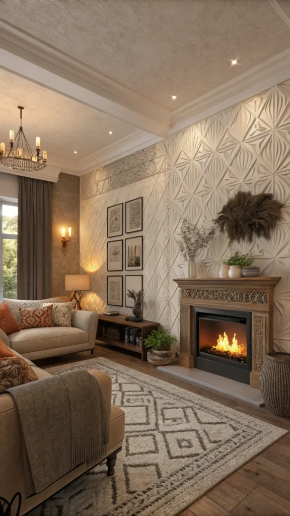 Cozy living room featuring textured wall treatments and warm furnishings.