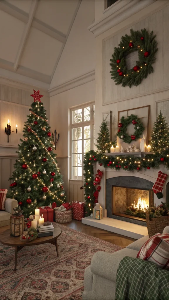 A cozy living room decorated for the holidays with Christmas trees, wreaths, and stockings.