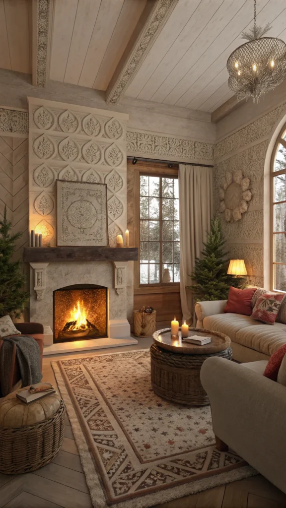 A cozy living room with a fireplace, comfortable seating, and warm decor.