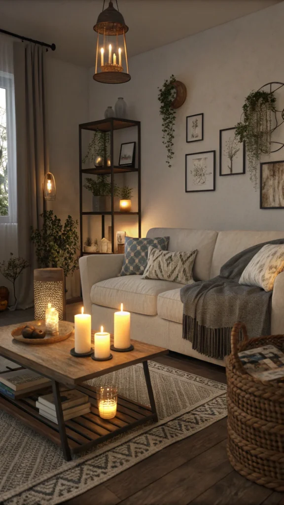 A cozy living room with soft glowing lamps and candles.