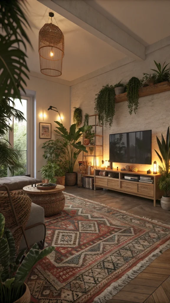 Cozy living room with layered rugs, plants, and warm lighting