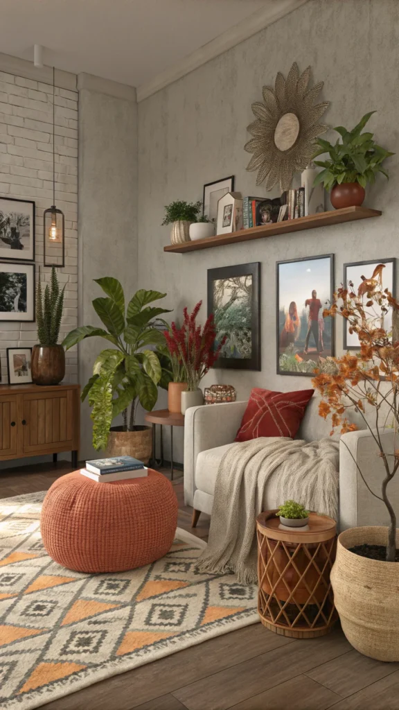 A cozy living room with unique decor, including family photos, plants, and textured throws.