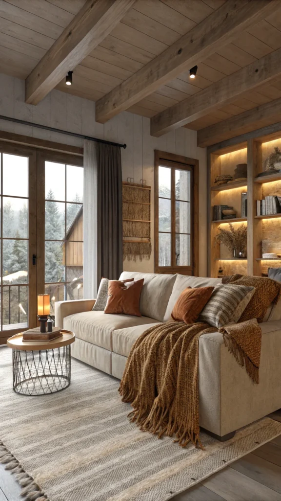 A cozy living room with soft fabrics and warm throws on a sofa.