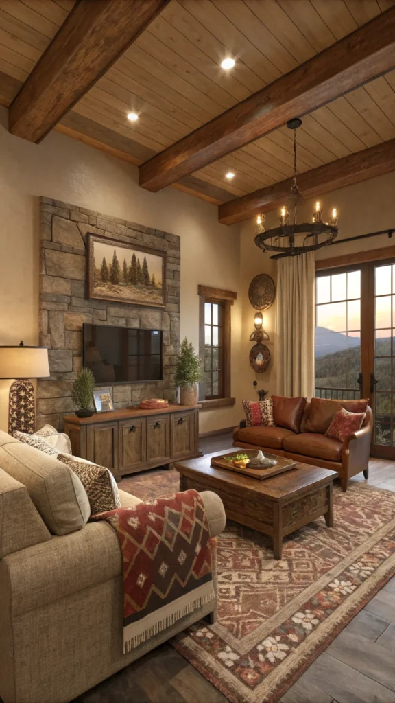 Cozy living room with earthy color palette featuring warm tones and inviting textures.