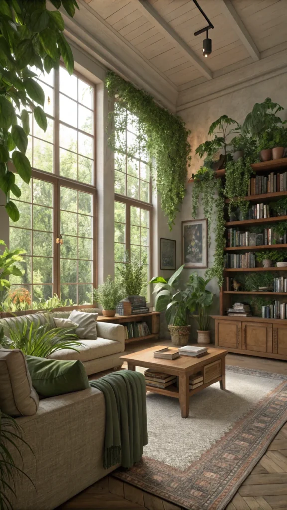 Cozy living room filled with green plants and natural light.