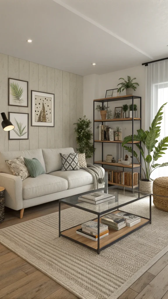 A cozy living room with a modern sofa, coffee table, and decorative elements.