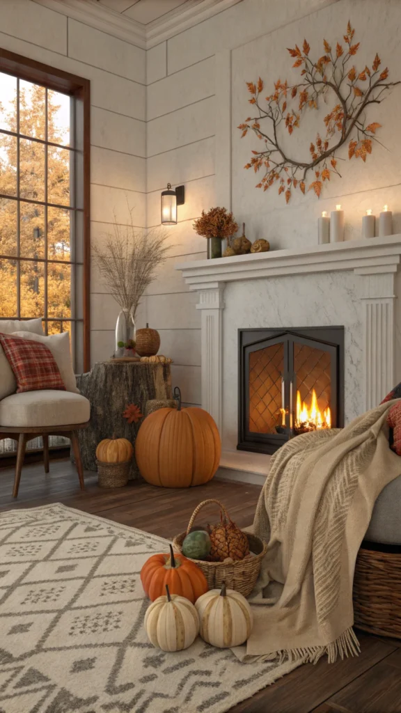 A warm and cozy living room decorated for autumn with pumpkins, a fireplace, and soft textiles.