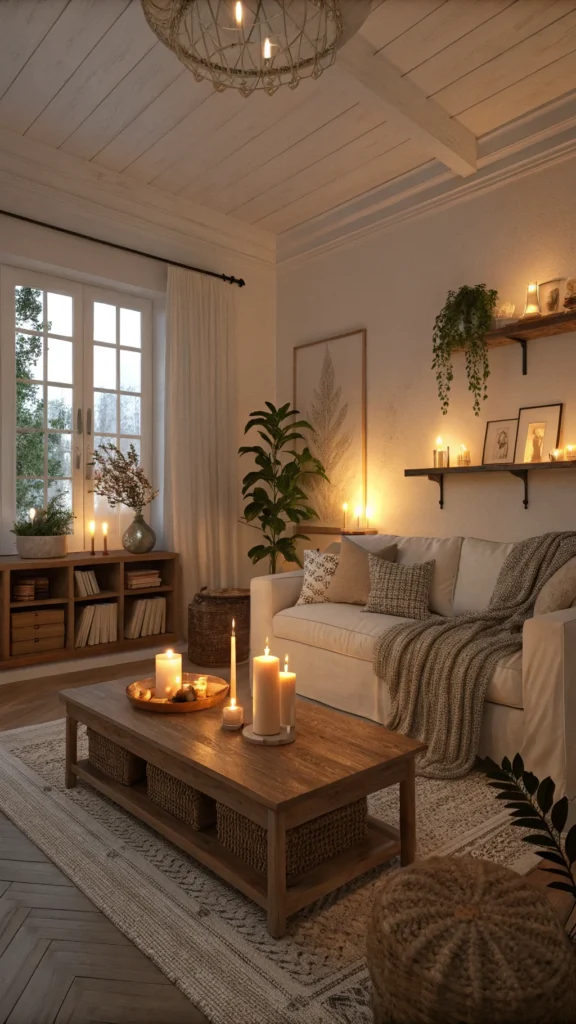 Cozy living room with warm lighting and candles.