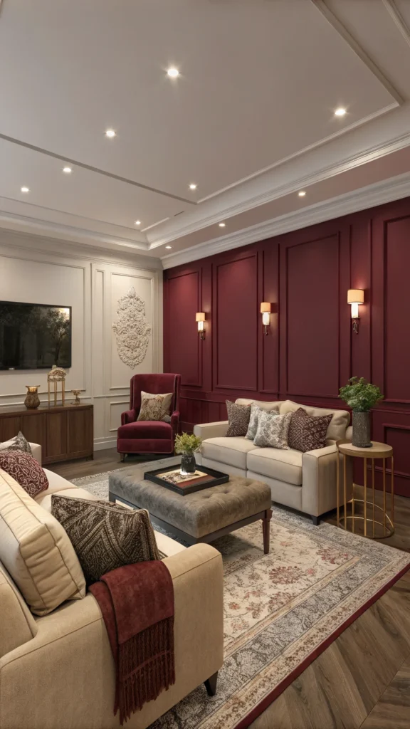 Cozy living room with deep maroon accent wall and comfortable seating.