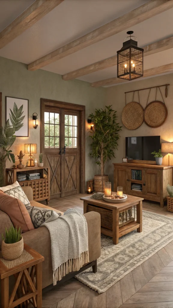 Cozy living room with earthy tones and rustic decor.