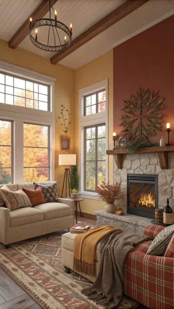 Cozy living room with warm colors and seasonal accents.