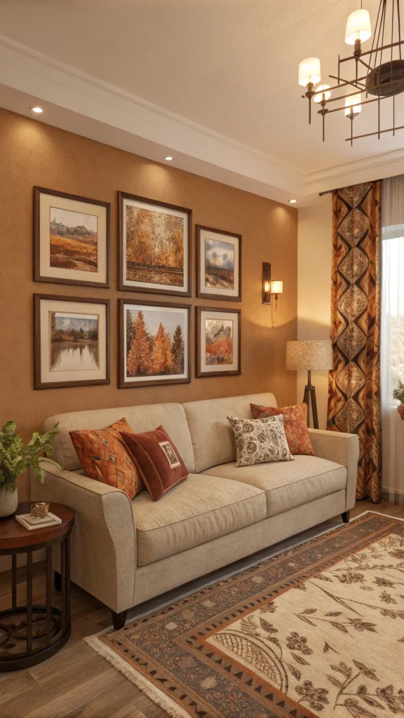 A cozy living room with warm colors, featuring a comfortable sofa, decorative pillows, and framed photographs on the wall.