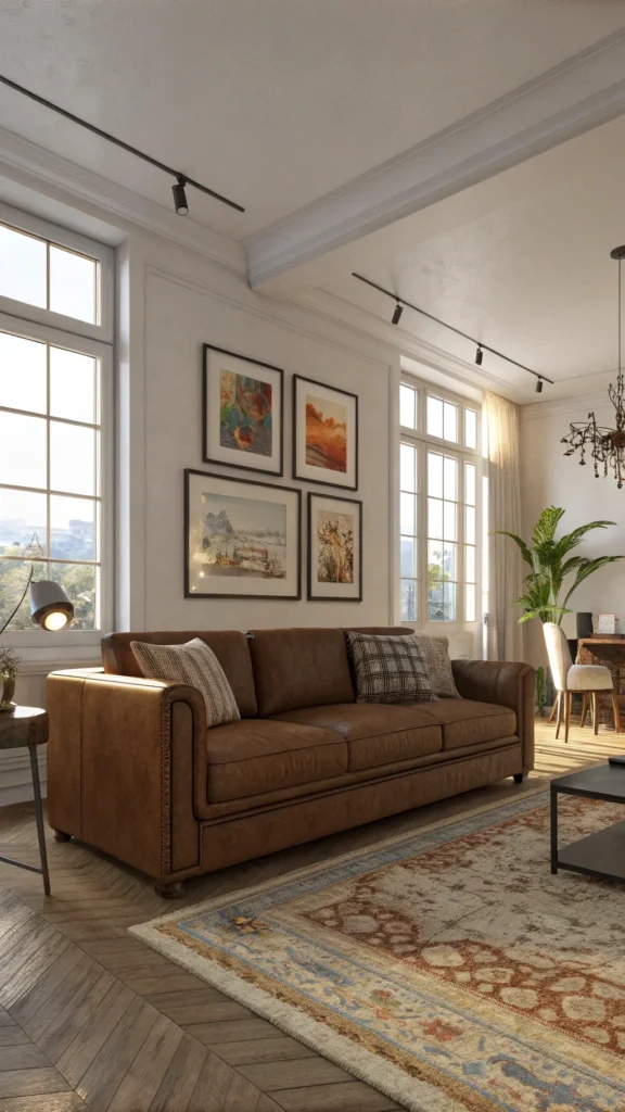 Stylish living room with a brown couch and complementary artwork on the wall.