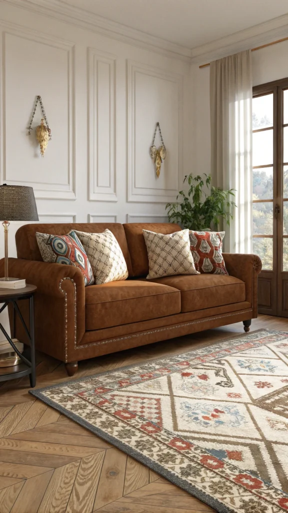 A brown couch with decorative pillows and a patterned rug.