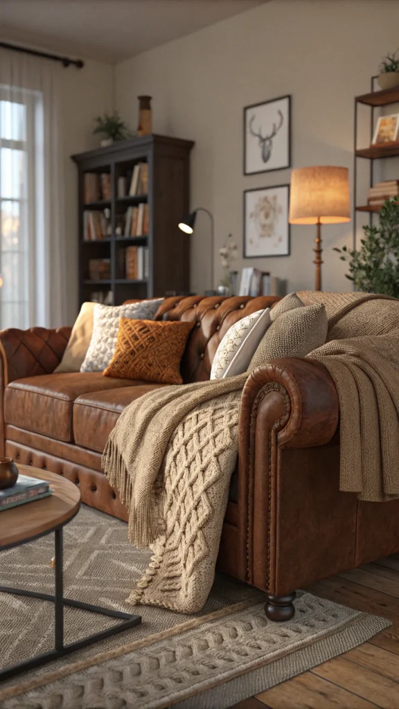 A warm living room featuring a brown couch with layered textures including knitted throws and pillows.